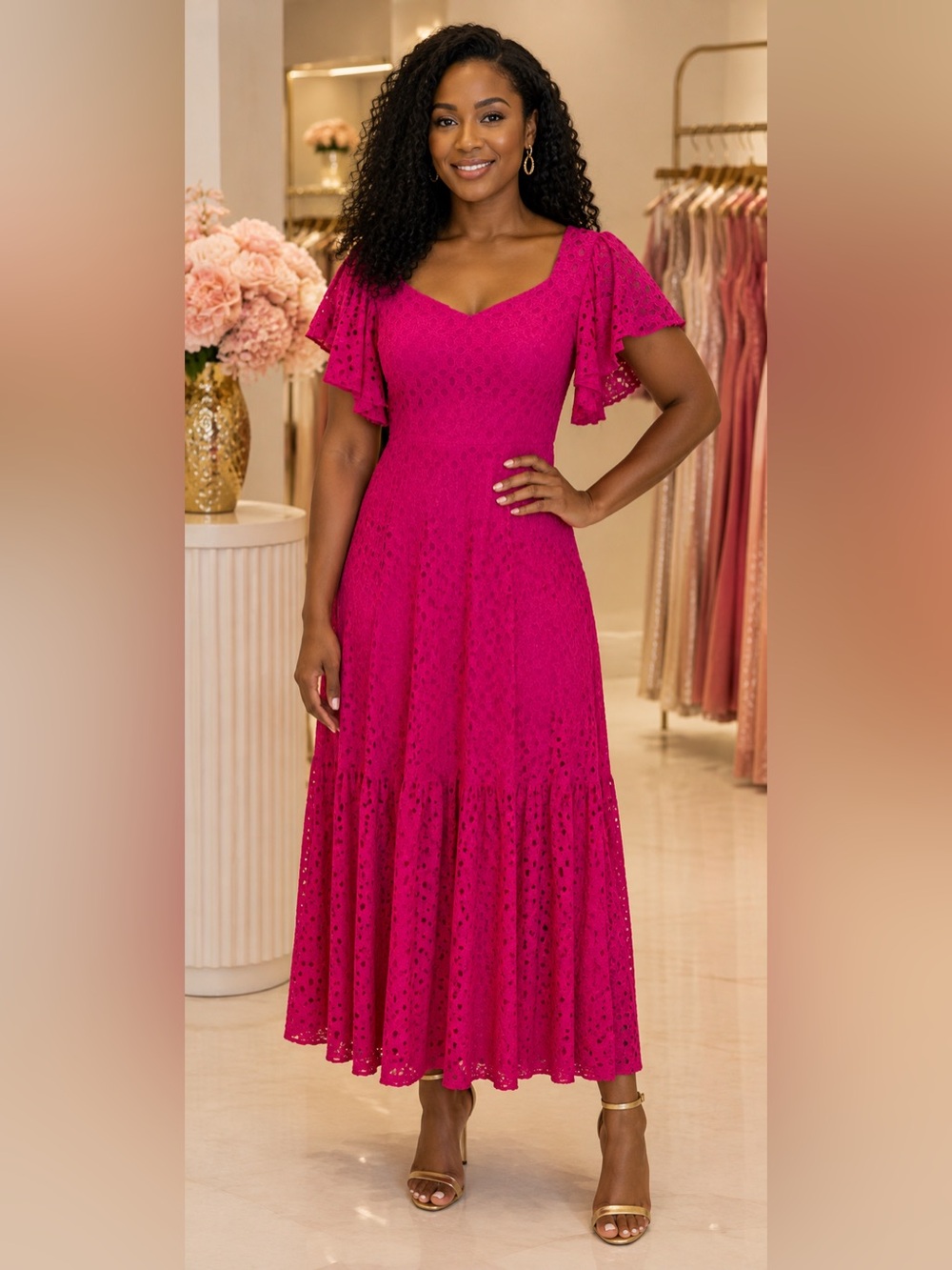 Zara Hot Pink Eyelet Maxi Dress with Flutter Sleeves